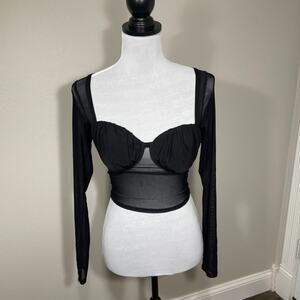 Bozzolo Semi-Sheer Black Fitted Crop Top S Long Sleeve Edgy Goth Clubwear Chic